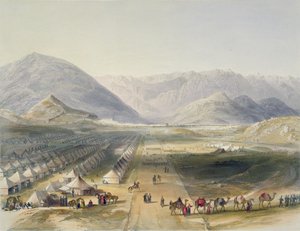 Tábořiště kandahárské armády pod velením generála Notta, mimo hradby Kaubulu, při evakuaci Afghánistánu Brity, deska 5 z „Scenery, obyvatelé a kostýmy Afghánistánu“, engra